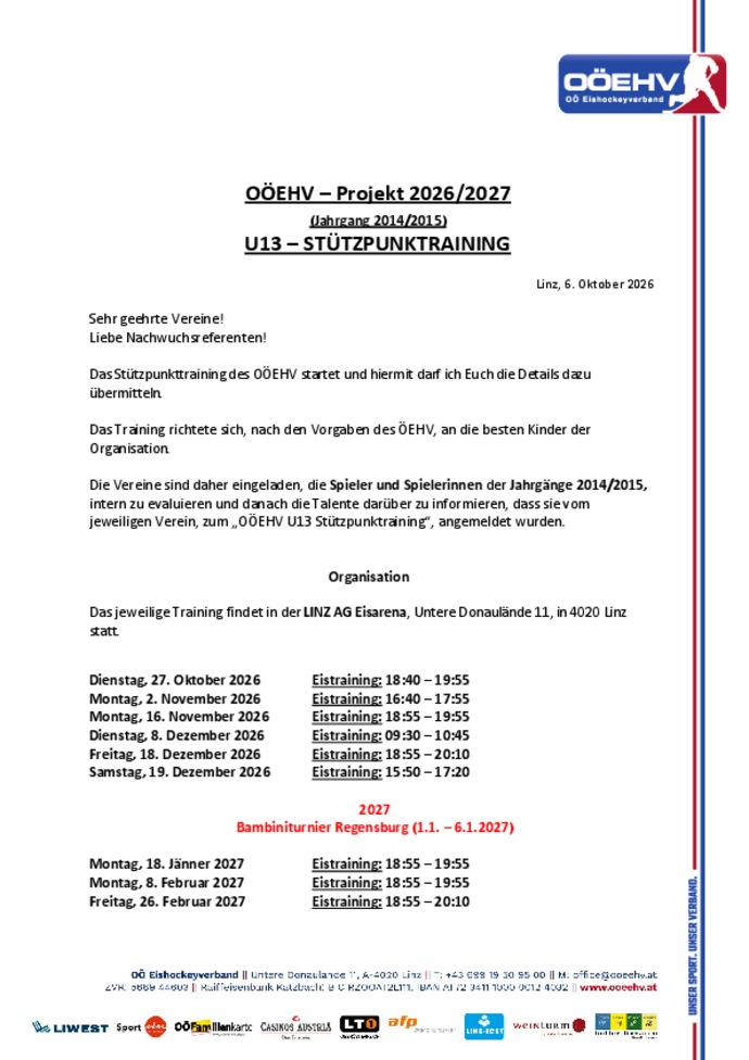 STÜTZPUNKTRAINING OÖEHV – Projekt 2026/2027 (Jahrgang 2014/2015) U13